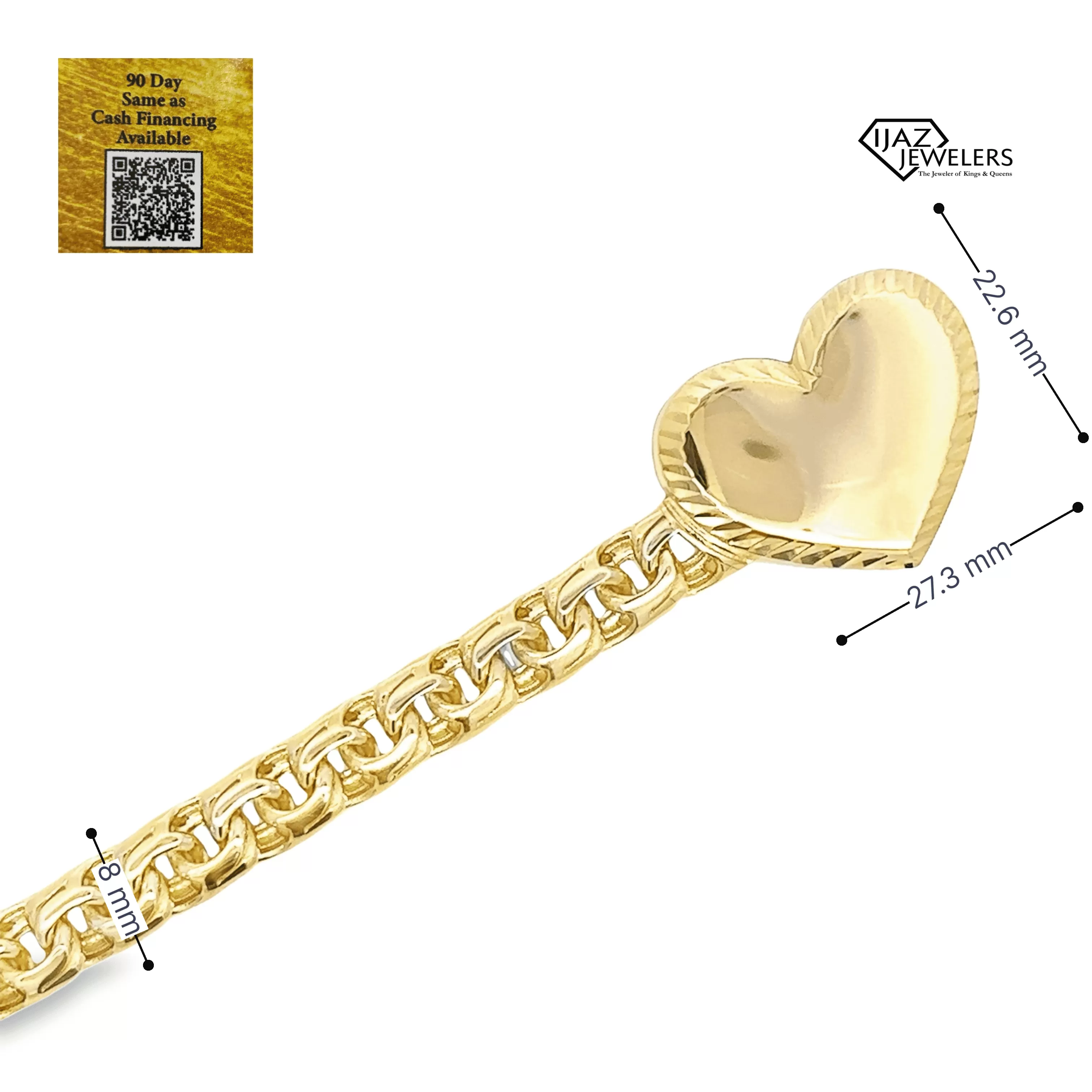 10K Gold Chino Link Diamond Cut Heart Bracelet