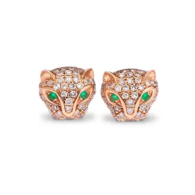 14K Gold Panther Stud Earrings with Emerald Eyes