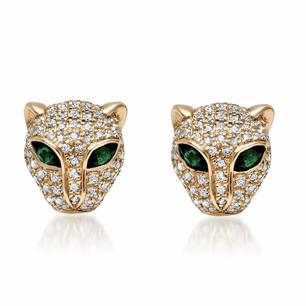 14K Gold Panther Stud Earrings with Emerald Eyes