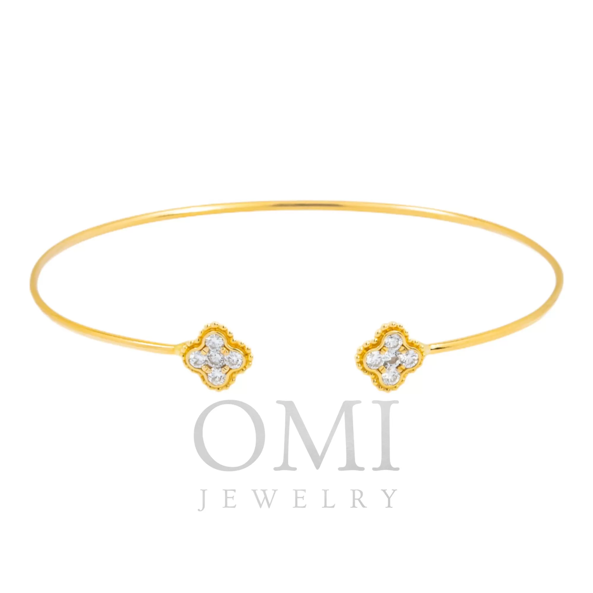 18K GOLD ROUND DIAMONDS CLOVER SHAPE THIN BANGLE BRACELET 0.38 CT