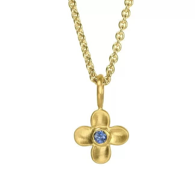 20K Gold Four-Petal Flower Pendant with Blue Sapphire Center