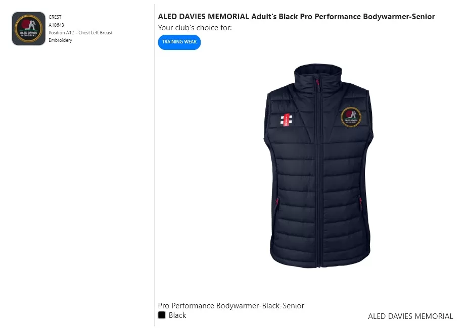 ALED DAVIES MEMORIAL  Adult's Black Pro Performance Bodywarmer-Senior