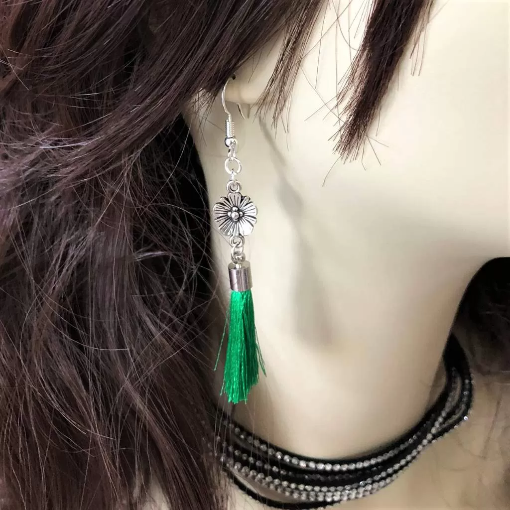 Antique Silver Flower with Green Tassel Dangle Earrings