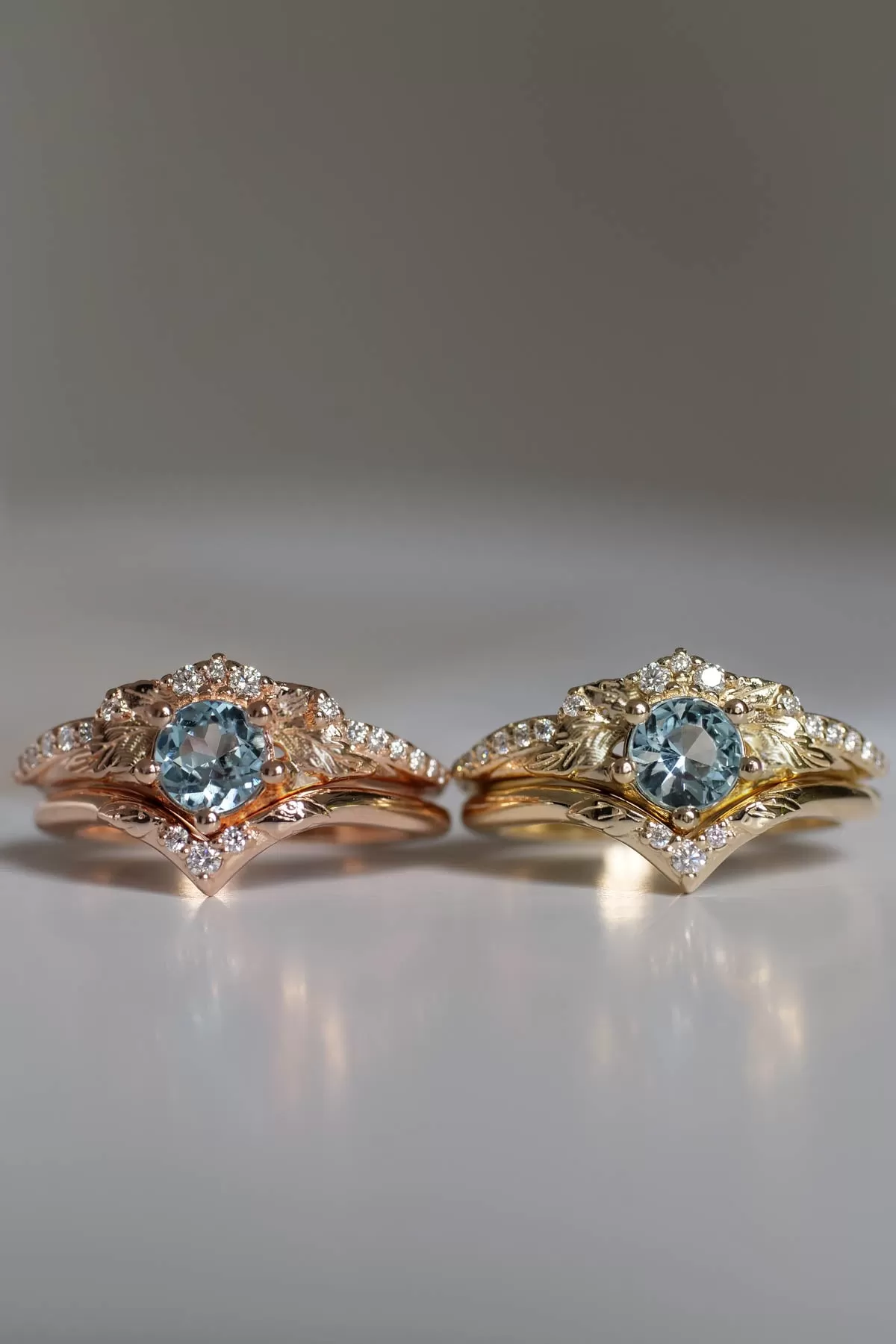 Aquamarine rings in yellow gold, bridal set / Amelia