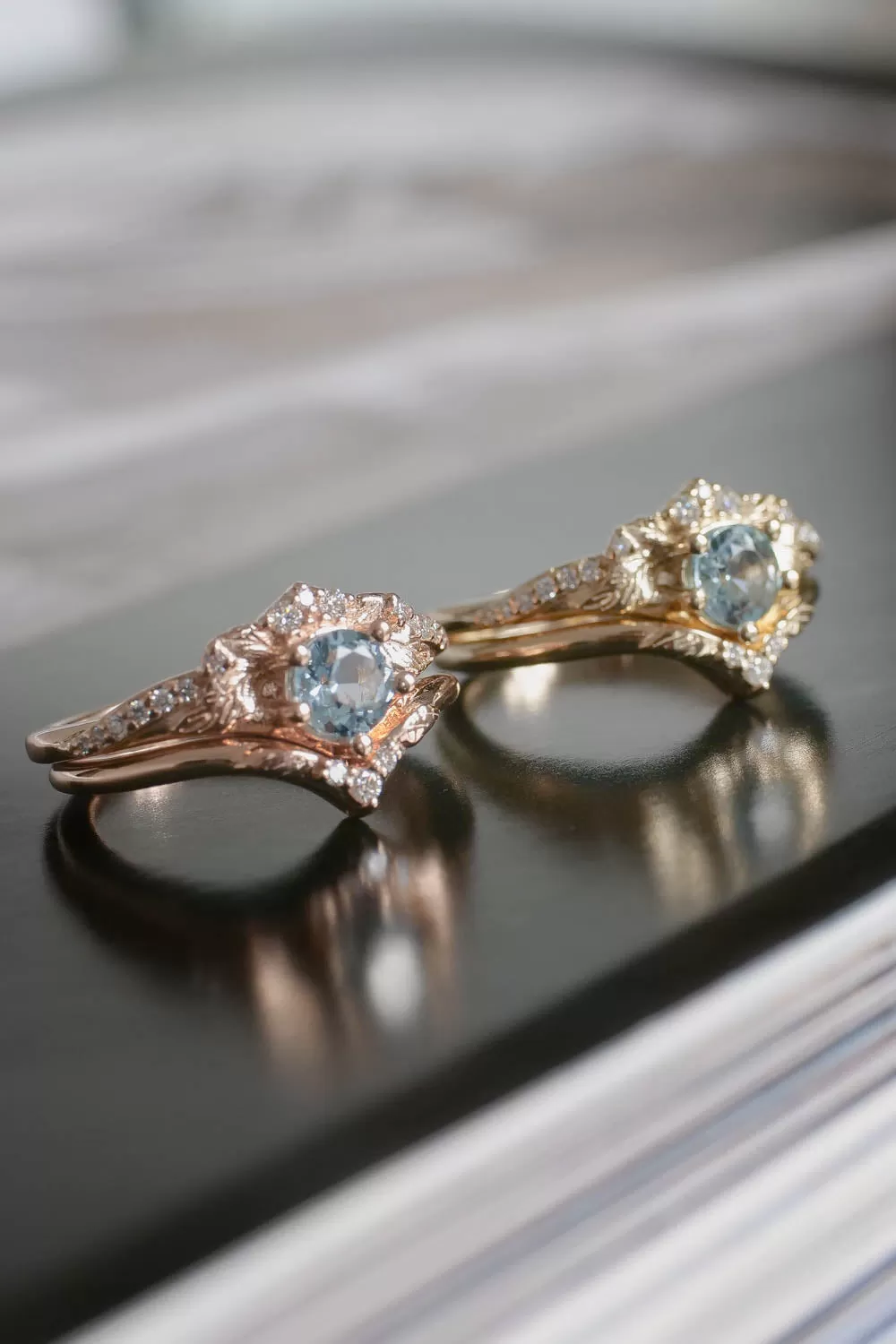 Aquamarine rings in yellow gold, bridal set / Amelia