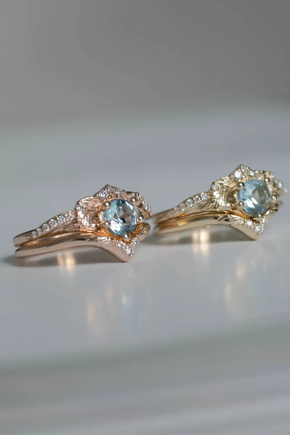 Aquamarine rings in yellow gold, bridal set / Amelia