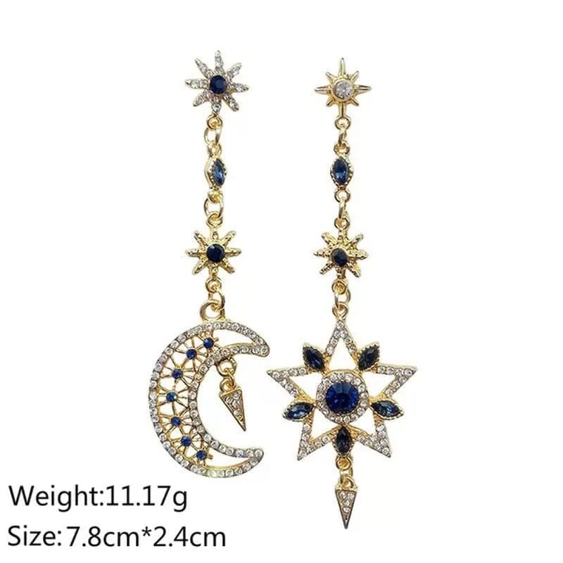 Asymmetric Star Moon Earrings Long Gold Tassel Sparkling Earrings