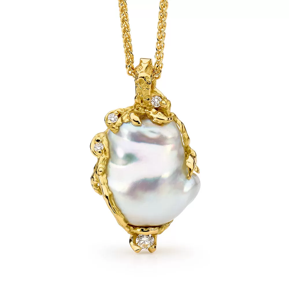 Baroque Pearl and Diamonds Freeform Pendant