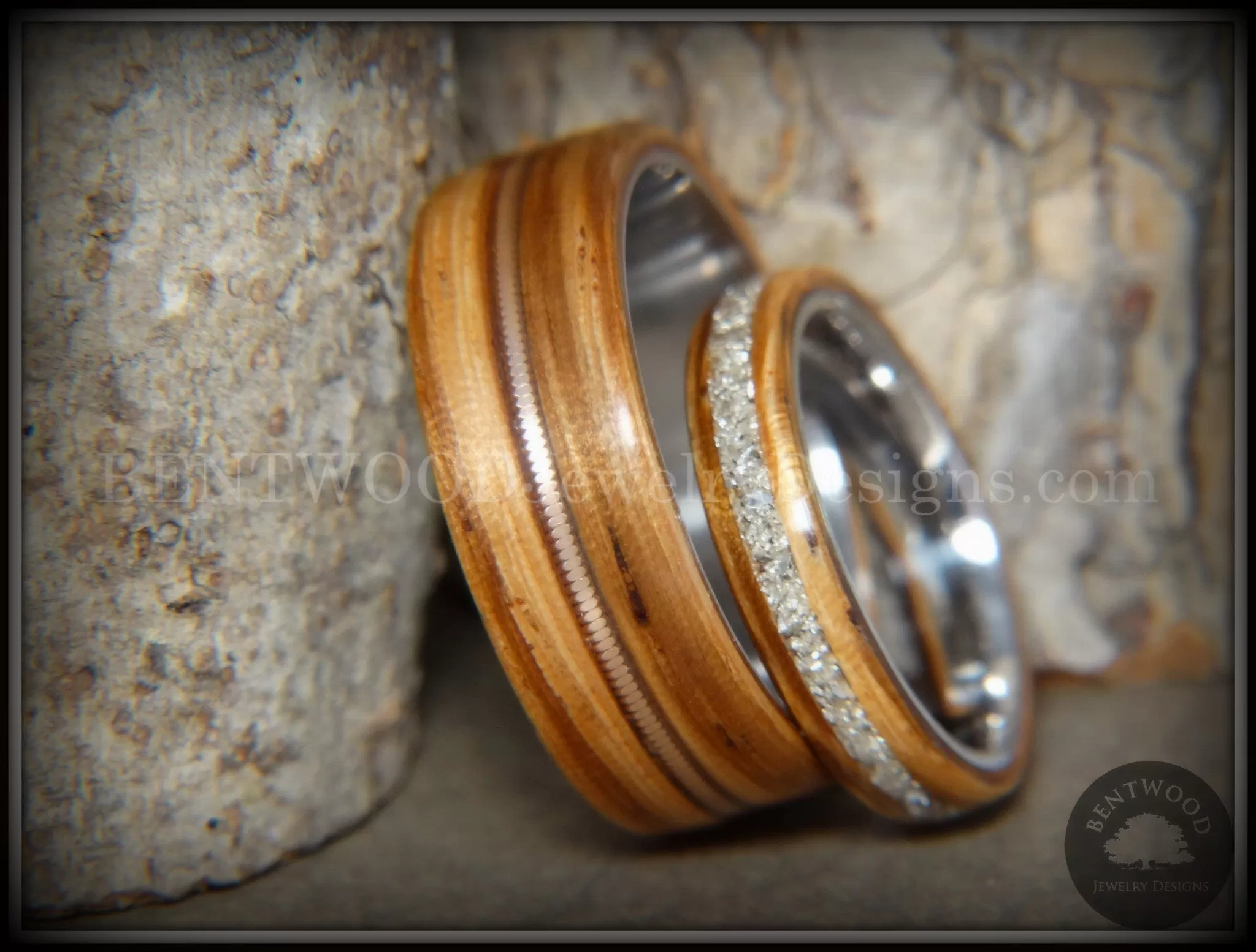 Bentwood Rings Set - Striped Couple Zebrawood with Glass Inlay and Bronze Guitar String Inlay on Titanium Steel Core