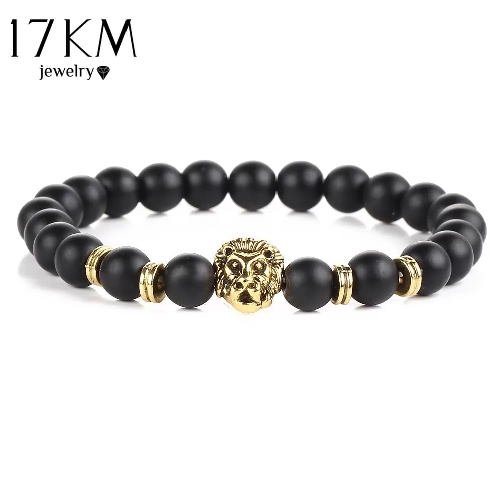 Black Lava  Natural Stone Gold Color Lion Bracelet