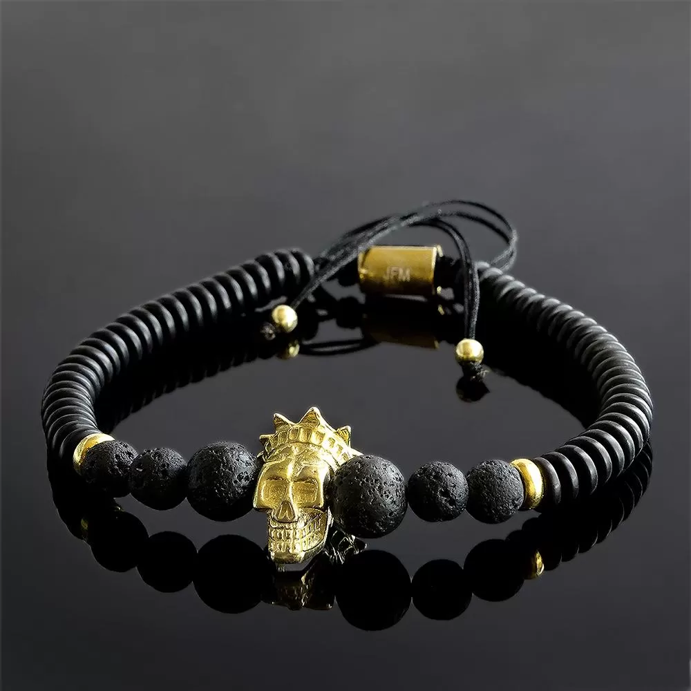 Black Lava Stone Men's Bracelet with Gold Plated Silver King Crown Skull Head Bead