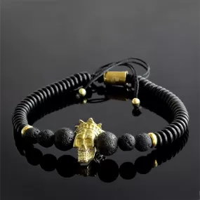 Black Lava Stone Men's Bracelet with Gold Plated Silver King Crown Skull Head Bead