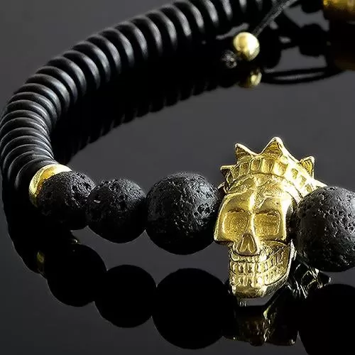 Black Lava Stone Men's Bracelet with Gold Plated Silver King Crown Skull Head Bead