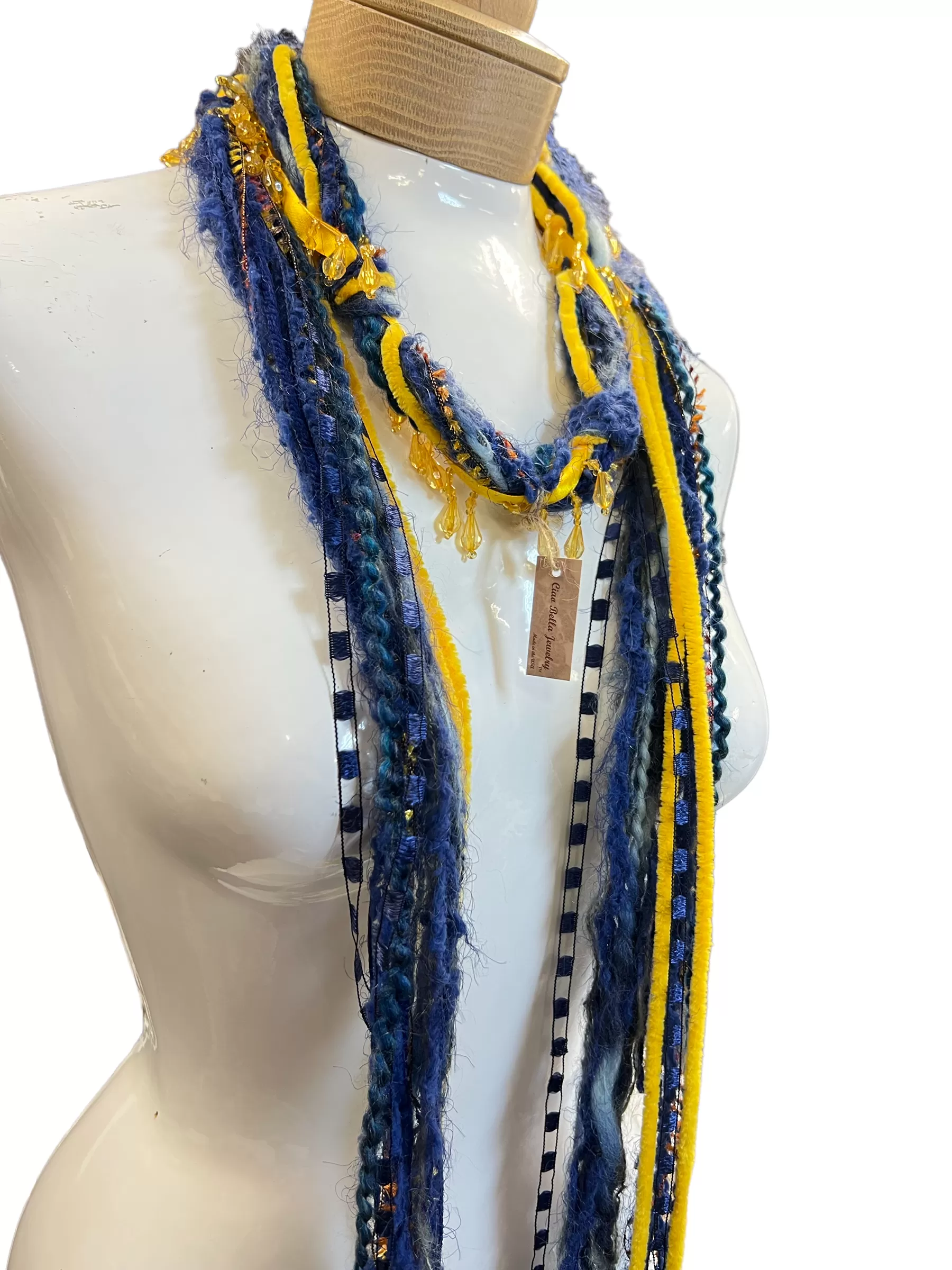 Boho Beaded Lightweight Mohair Scarf Necklace - Blue and Yellow