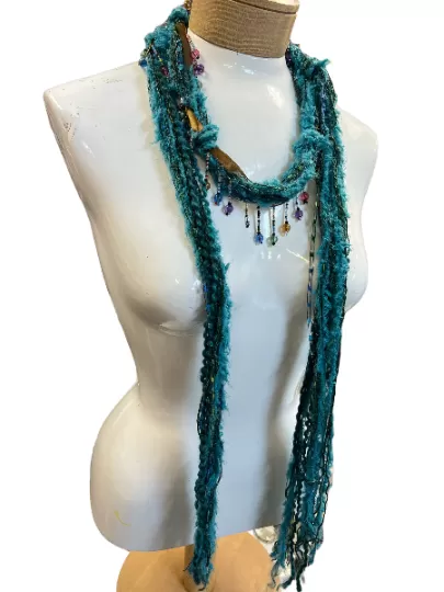 Boho Beaded Lightweight Mohair Scarf Necklace - Turquoise and Aqua