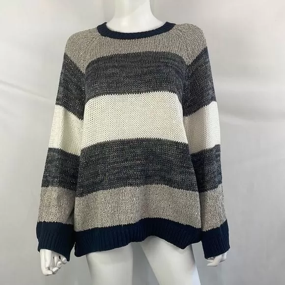 BrunoCucinelli White Blue Sparkle Gray Sparkle Striped Sweater