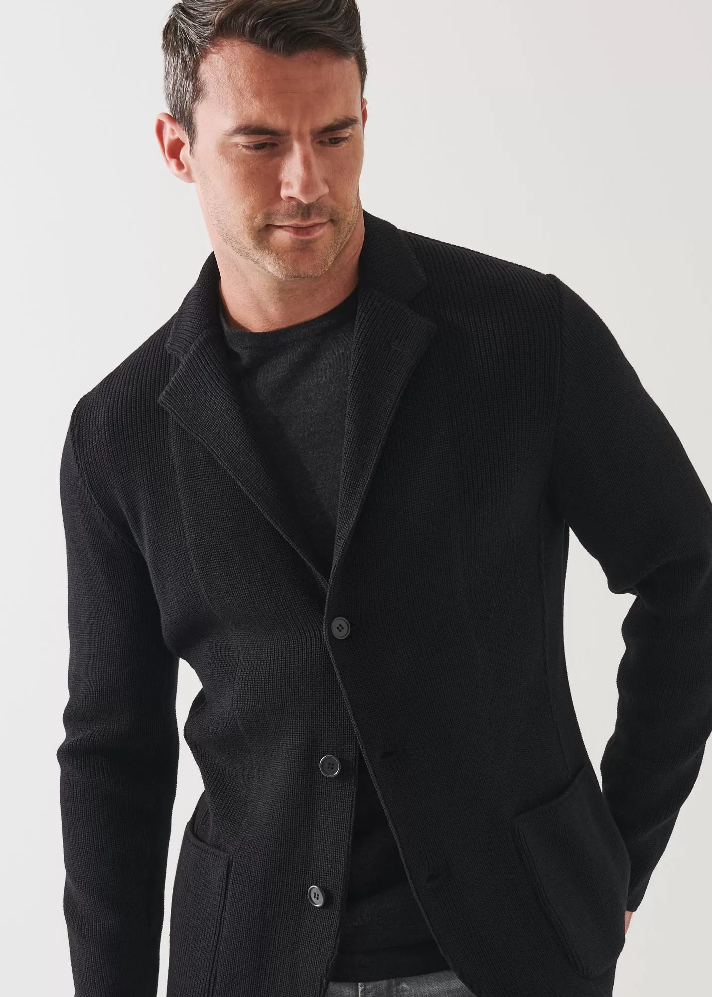 CARDIGAN STITCH MERINO WOOL 3-BUTTON BLAZER