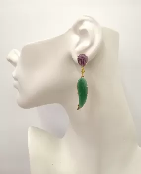 Carved beetle Amethyst Studs with carved leaf Aventurine dangles Twinset Earrings