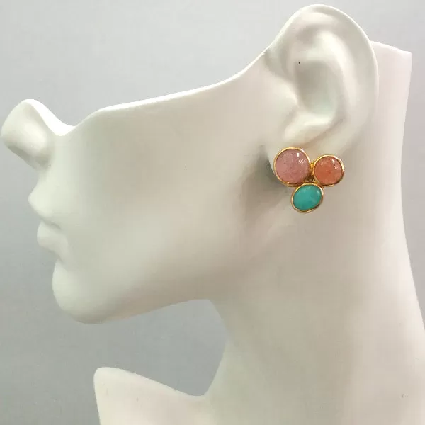 Cherry Quart, Carnelian and Amazonite Stud with Peridot, Rhodolite Garnet and Carved Leaf Jade Detachable Twinset Earrings