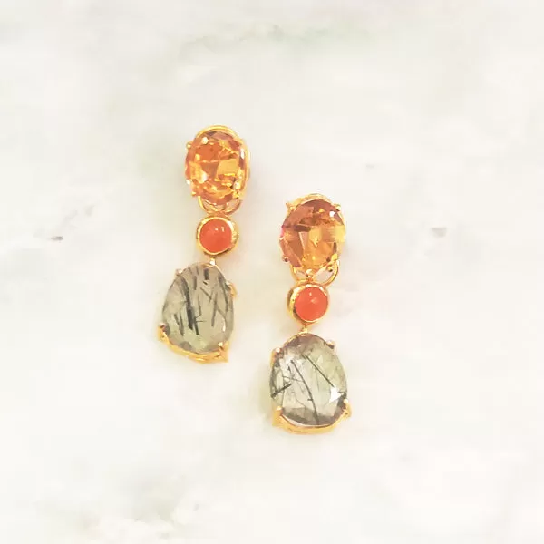 Citrine Stud with Carnelia & Rutilated Quartz Twinset Earrings