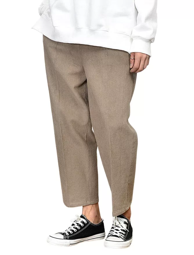 Corduroy Wide Trousers Mens Formal Casual Cropped Pants Korean Guys Kpop Style Waistband