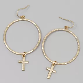 Cross Charm Metal Hoop Drop Earrings