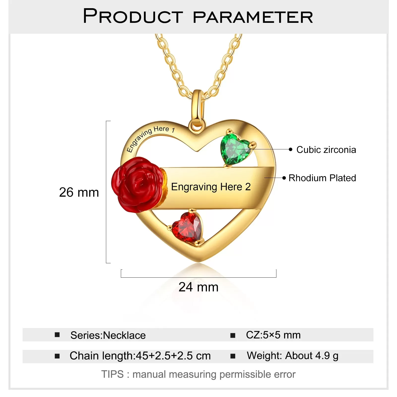 Customized Mother Necklace with Rose Flower Personalized DIY 2 Birthstones Engraved Name Heart Pendant Anniversary Gift