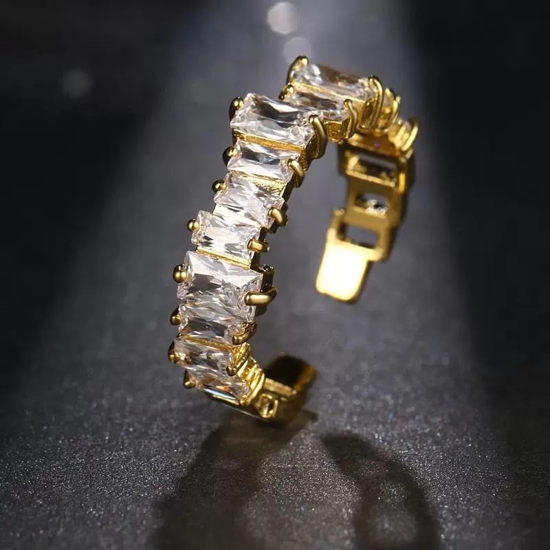 Cz Stone Pavement Abstract Shaped Golden Open - Ring