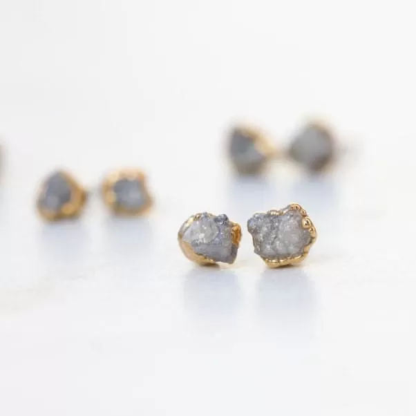 Dainty Raw Diamond Stud Earrings in Yellow Gold