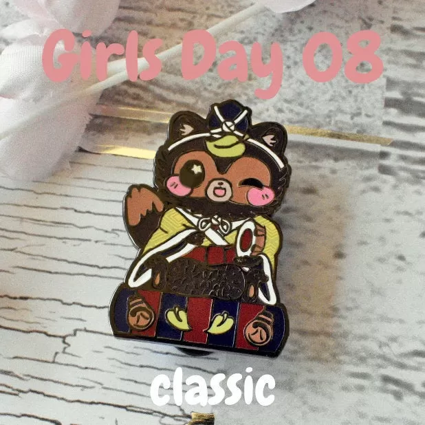 Drummer Tanuki: Girl's Day Animal Enamel Pins