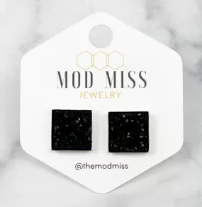 Druzy Stud Square Earring Black in Silver Setting