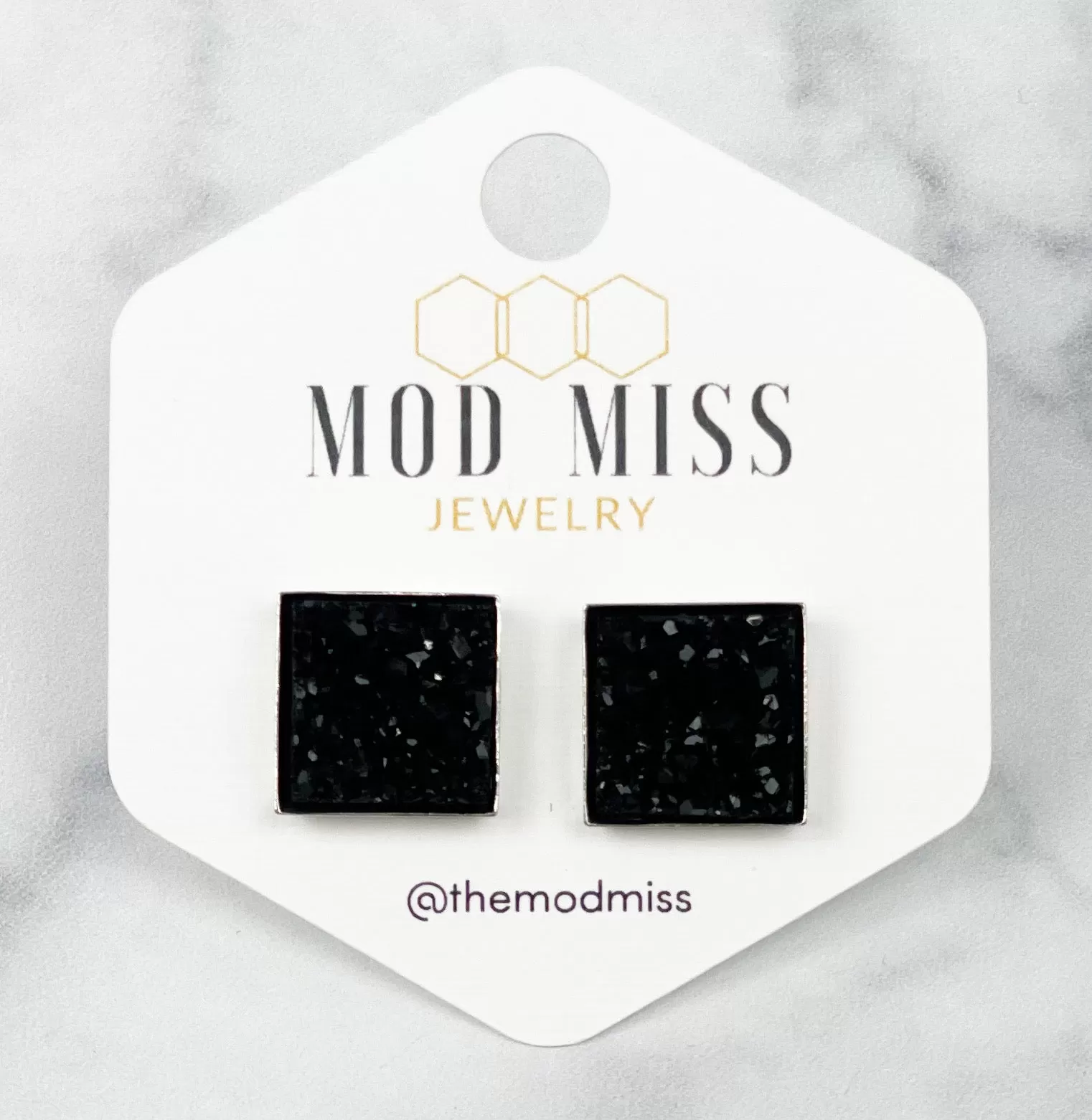 Druzy Stud Square Earring Black in Silver Setting