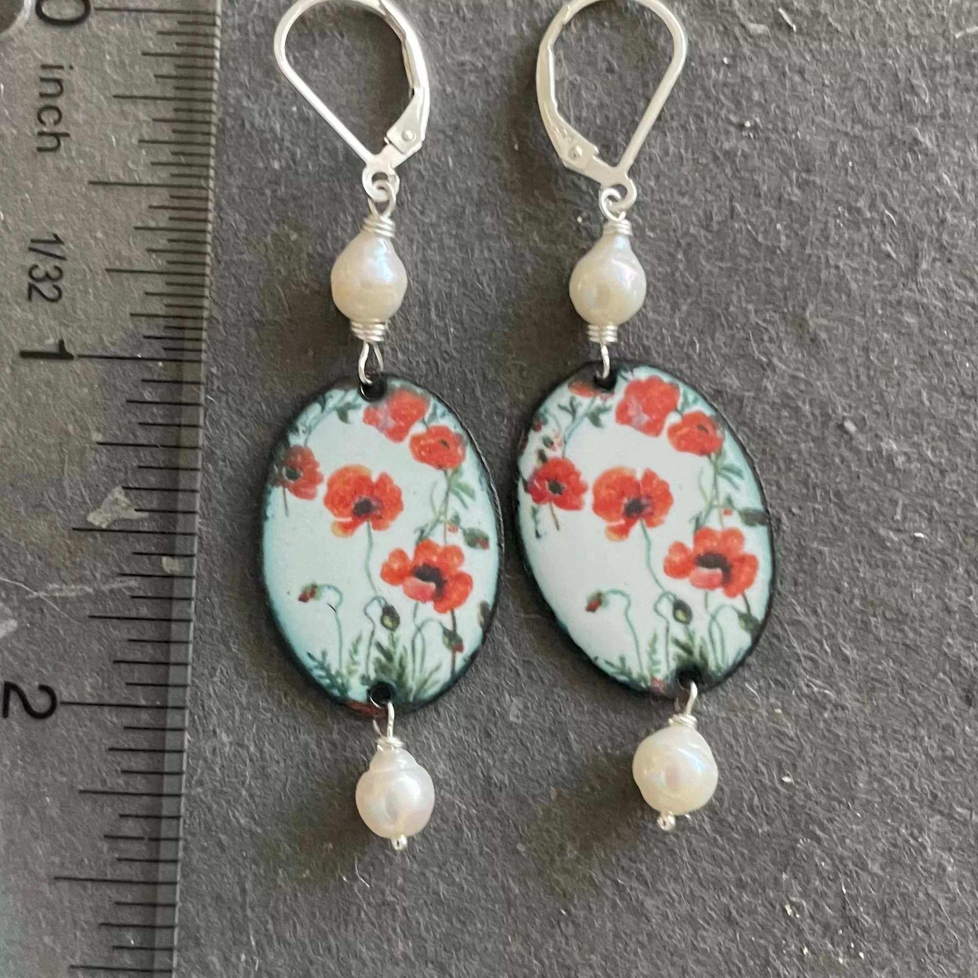 Enamel and Pearl Dangles, OOAK, Leverback