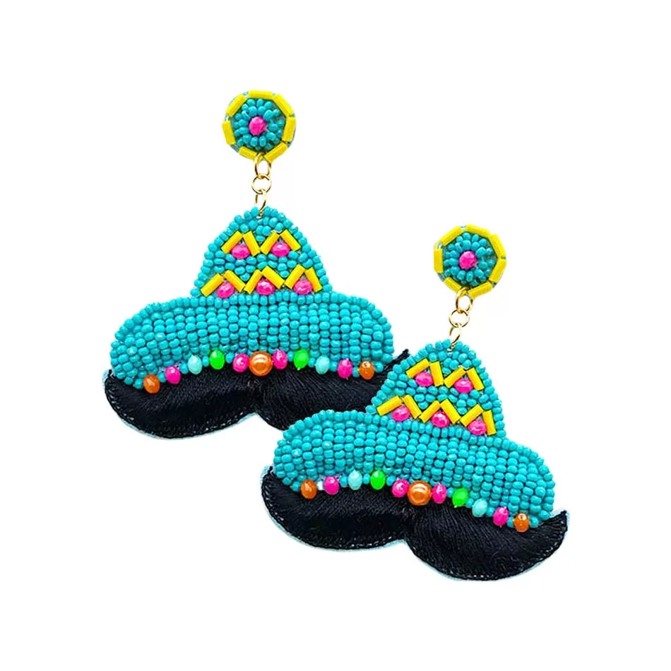 Felt Back Seed Beaded Hat Mustache Dangle Earrings