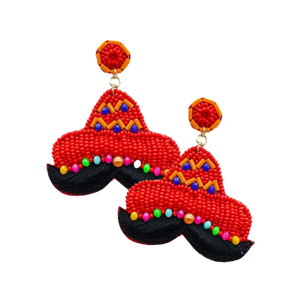 Felt Back Seed Beaded Hat Mustache Dangle Earrings