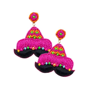 Felt Back Seed Beaded Hat Mustache Dangle Earrings