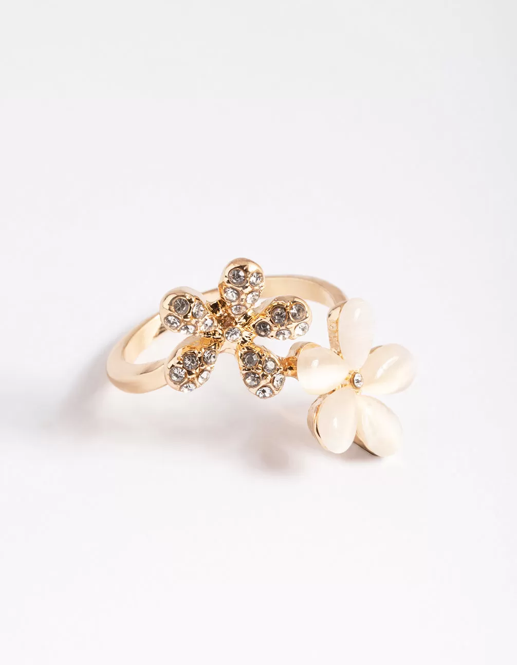 Gold Diamante & Cateye Flower Ring