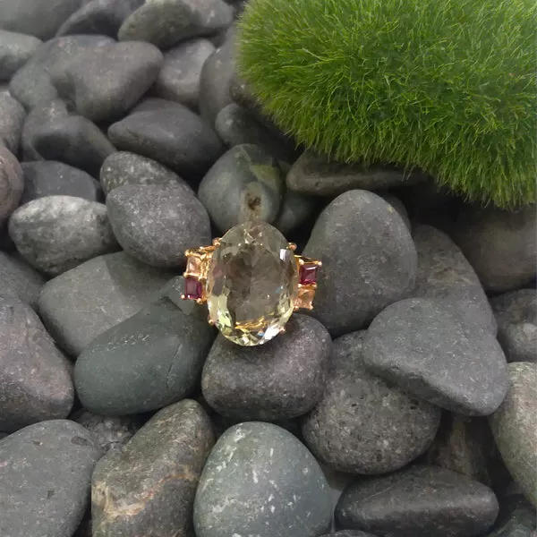 Green Amethyst Oval with Citrine & Rhodolite Garnet Cocktail Ring