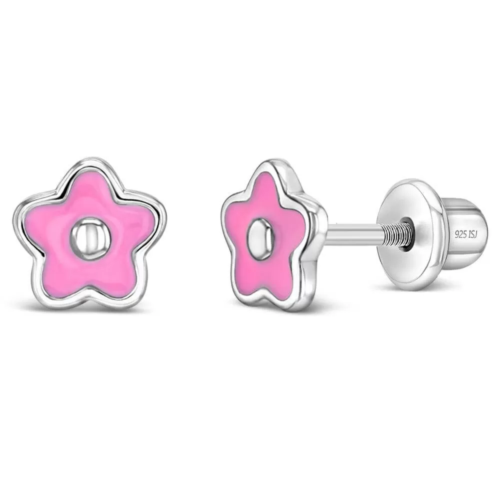 Groovy Enamel Flower Sterling Silver Baby Children Screw Back Earrings