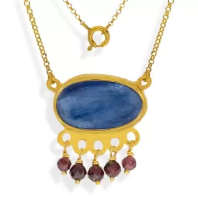 Handmade Short Gold Plated Silver Chain Necklace With Kyanite & Rhodolite Gemstones