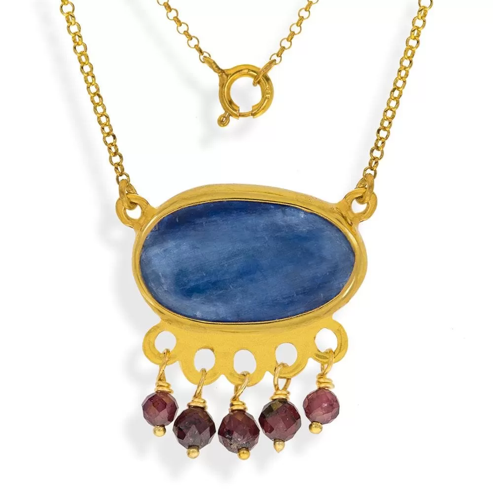 Handmade Short Gold Plated Silver Chain Necklace With Kyanite & Rhodolite Gemstones