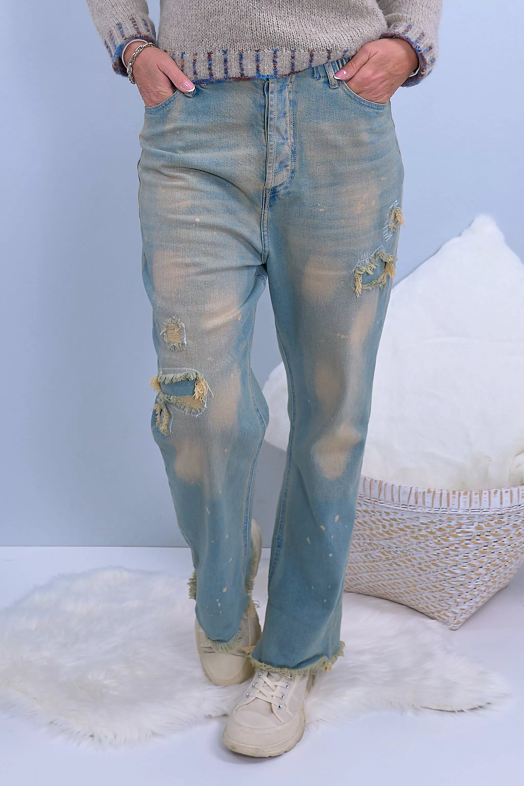 High Waist Jeans mit breitem Aufschlag, denim-sand