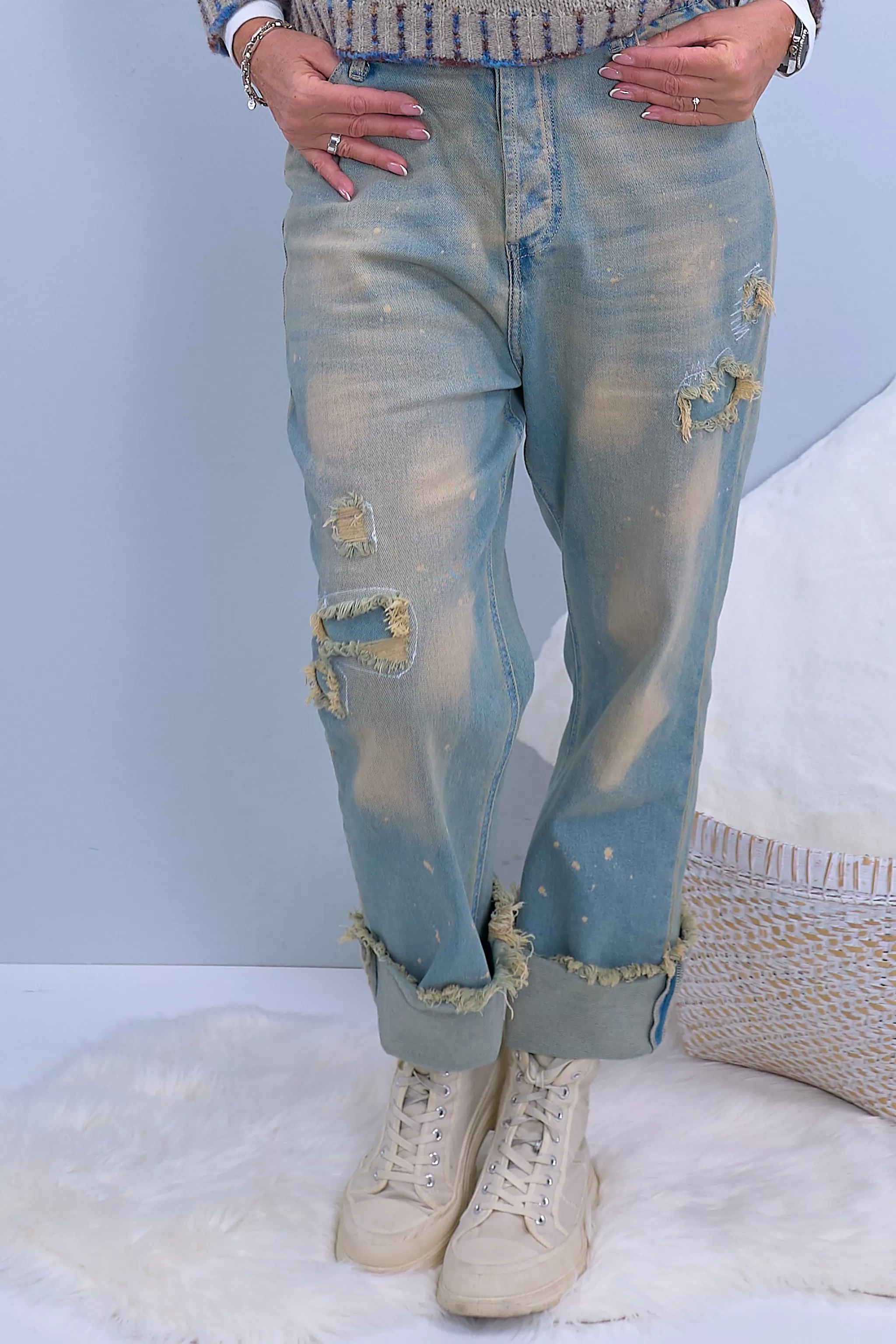 High Waist Jeans mit breitem Aufschlag, denim-sand