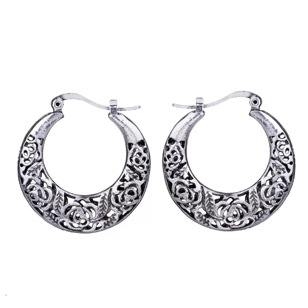 Hollow Filigree Tibetan Silver Hoop Vintage Earrings