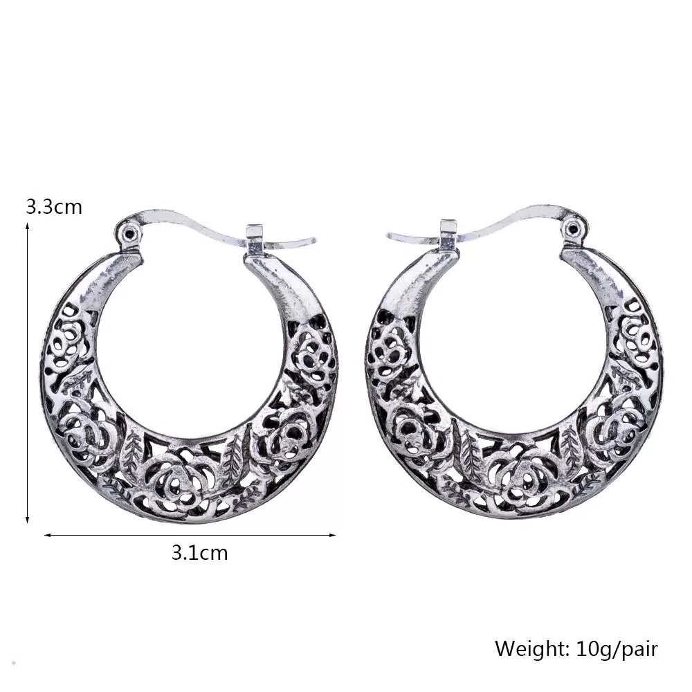 Hollow Filigree Tibetan Silver Hoop Vintage Earrings