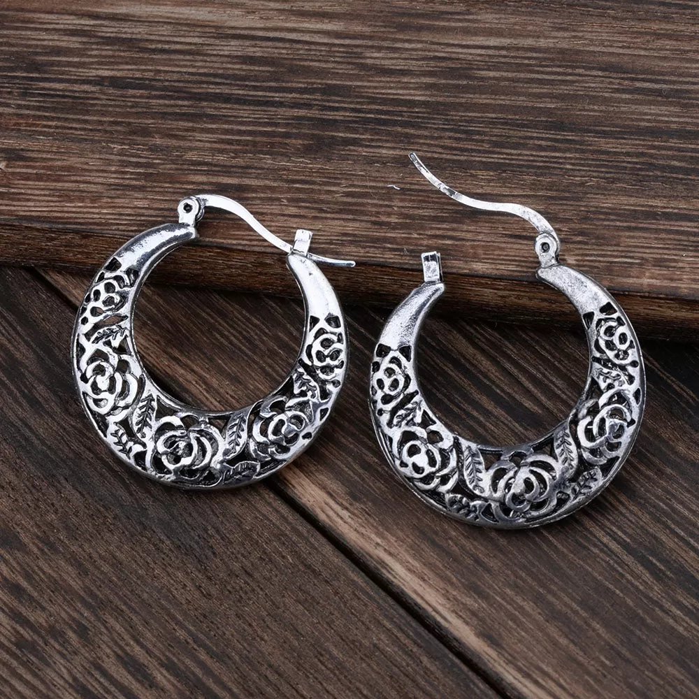 Hollow Filigree Tibetan Silver Hoop Vintage Earrings