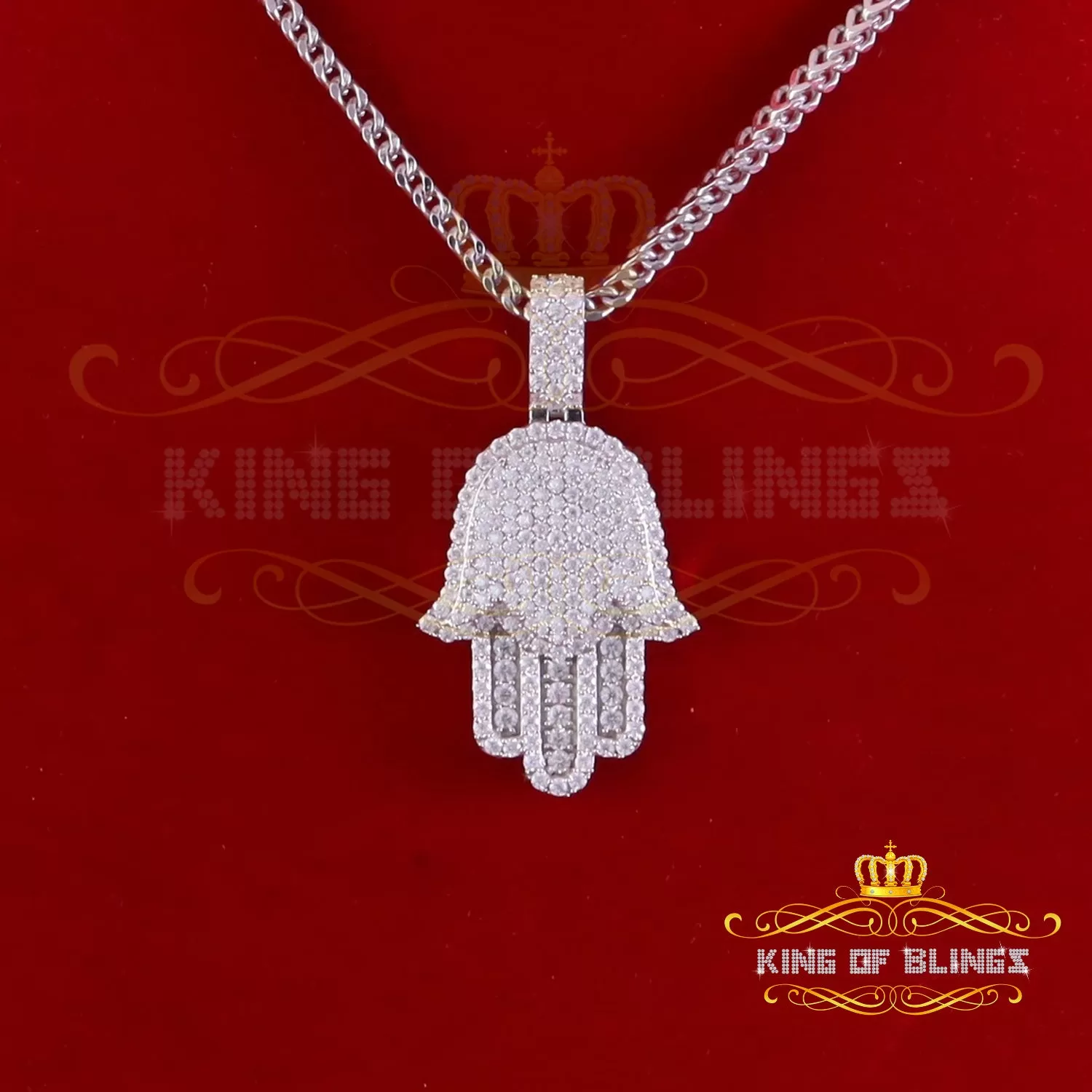 King Of Bling's Charm Hamsa Pendant 3.0ct VVS D Moissanite White Sterling Silver Men's & Women's