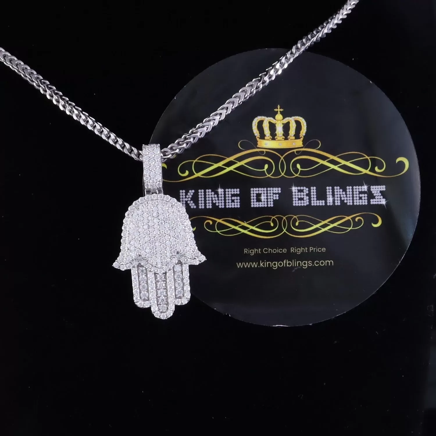 King Of Bling's Charm Hamsa Pendant 3.0ct VVS D Moissanite White Sterling Silver Men's & Women's