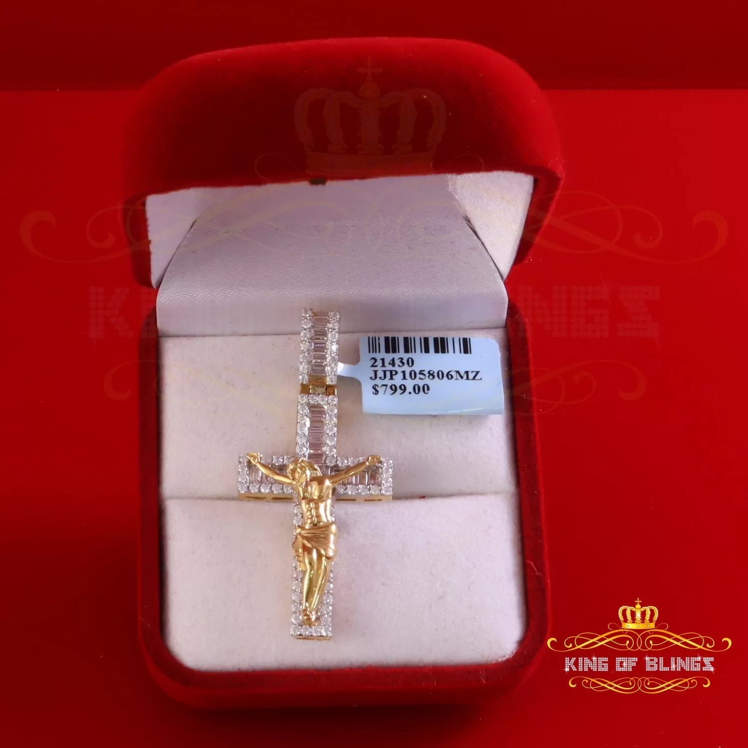 King Of Bling's Yellow Silver 2.25ct VVS D Clr. Moissanite Baguette Jesus Cross Pendant Women's