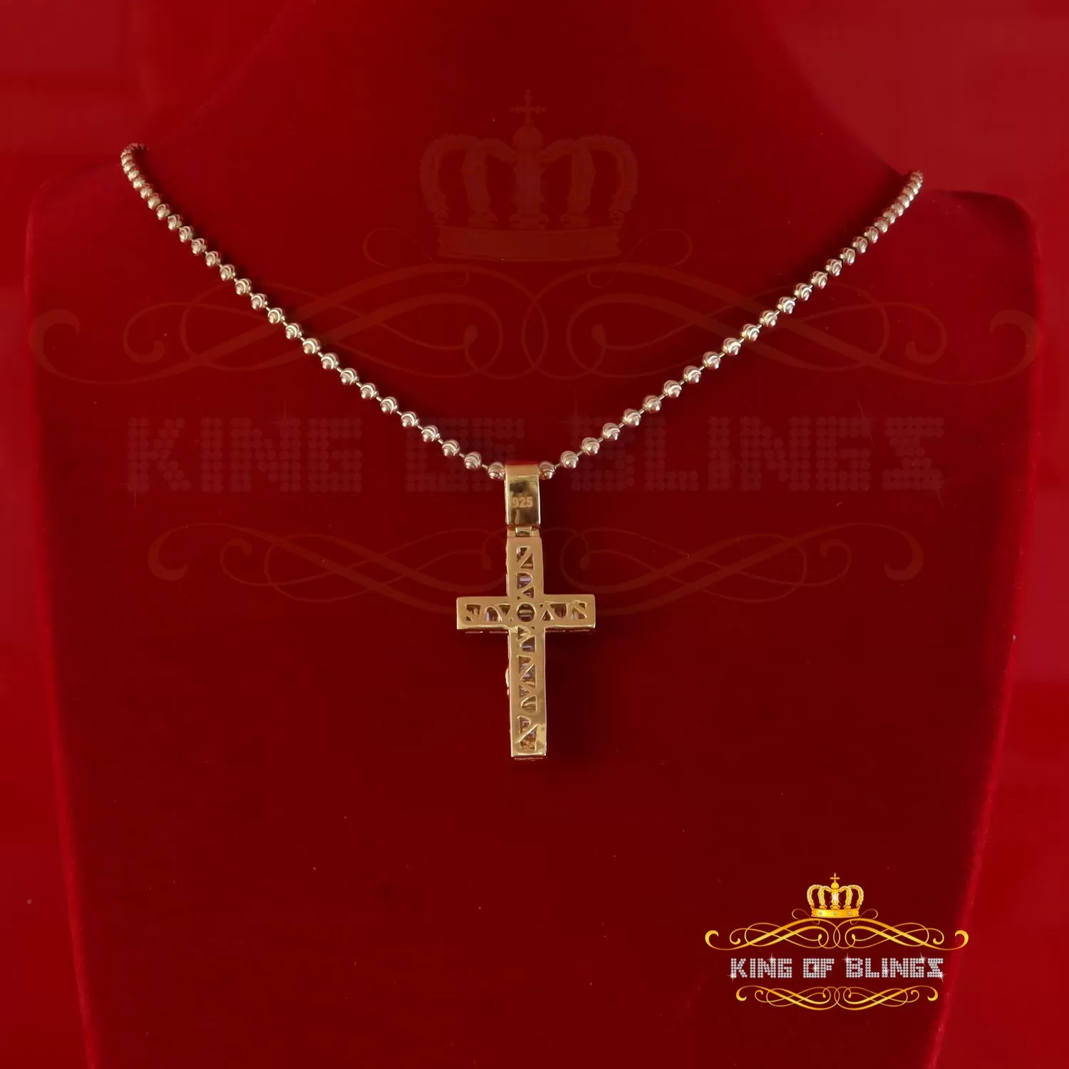 King Of Bling's Yellow Silver 2.25ct VVS D Clr. Moissanite Baguette Jesus Cross Pendant Women's